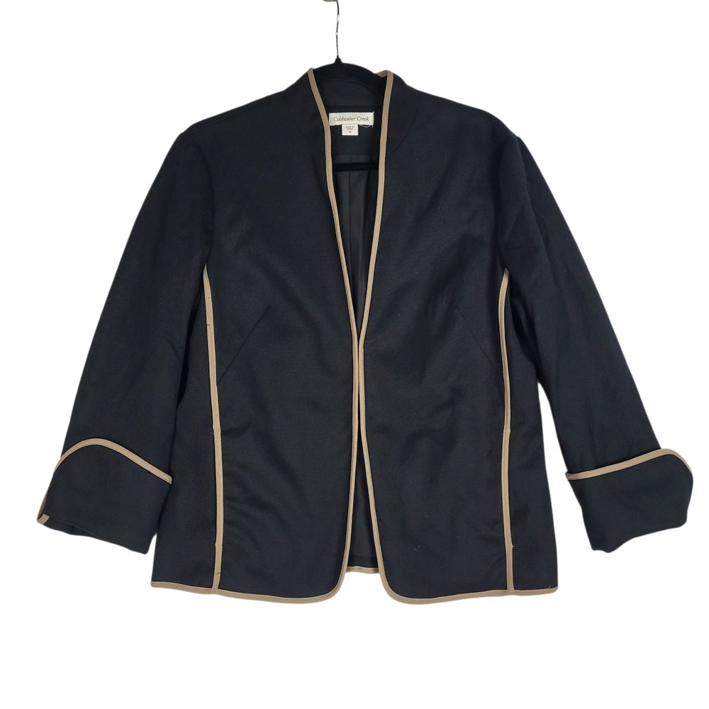 Coldwater Creek‎ Rolled Cuff Jacket Women's 10 Black Brown Piping Clasp Front